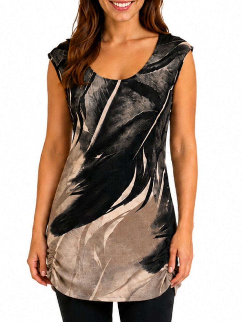 Le Château Women's Long Tunic Top Medium Black Beige Abstract Print